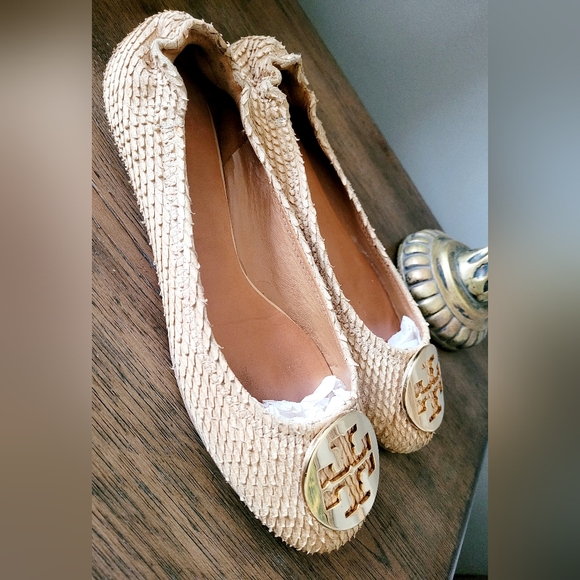 Tory Burch Reva Textured Snake Leather Ballet Flat Shoes Natural Sand US8 - Picture 11 of 16